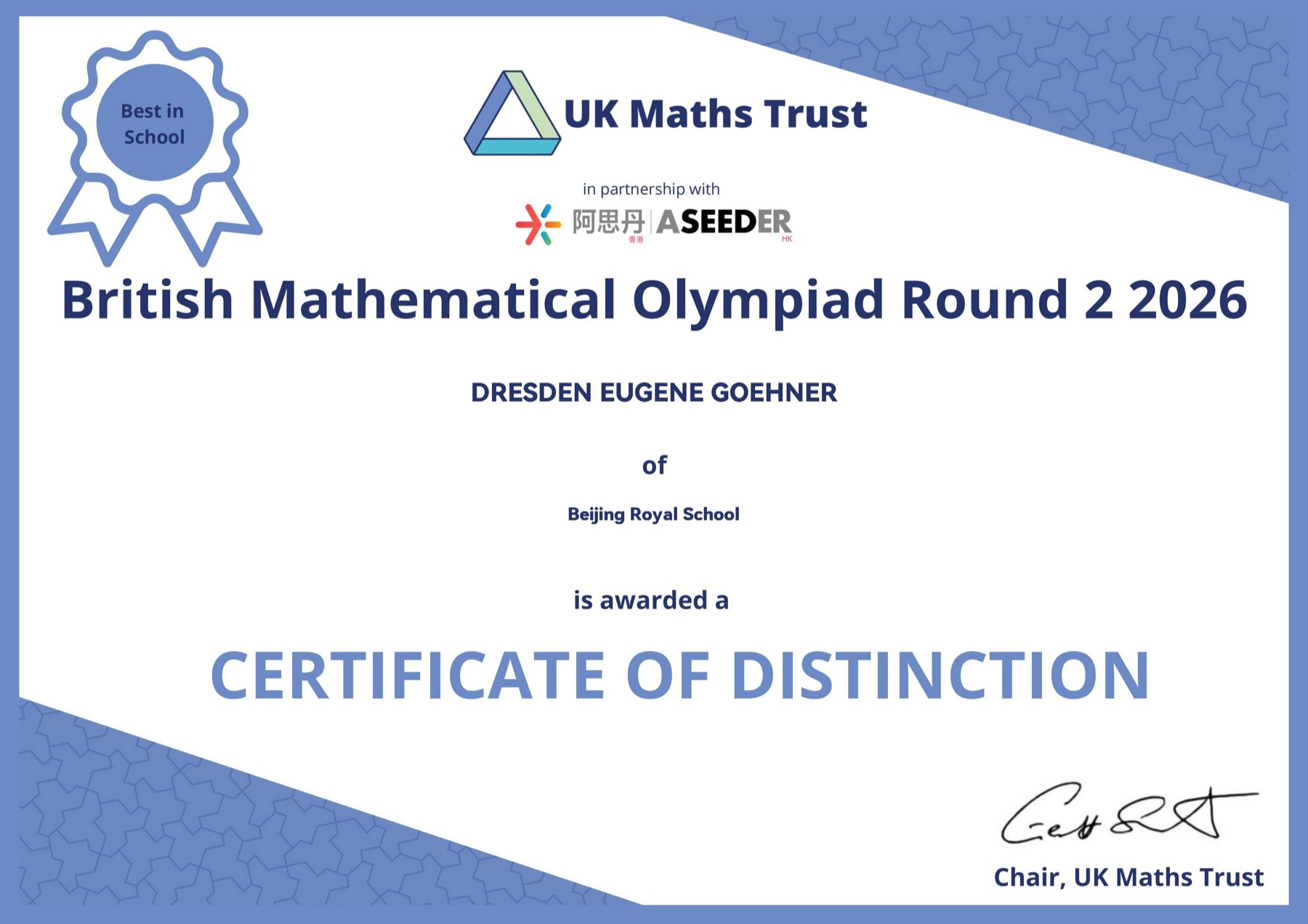 BMO Round 2 Distinction certificate